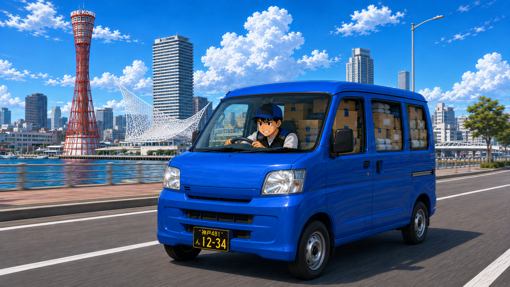 荷物を満載した軽バンで、神戸の港沿いを走る配達ドライバー